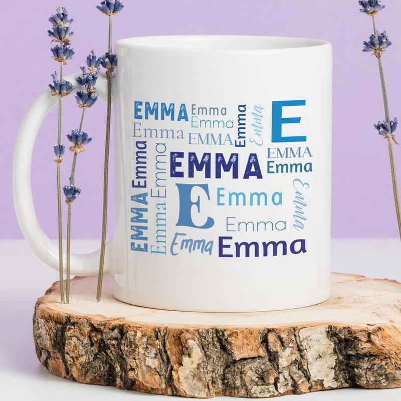 Tailorly White Ceramic 11 oz Mug - Emma Personalized Blue Typographic Word Cloud Featuring Various Font Styles Mug