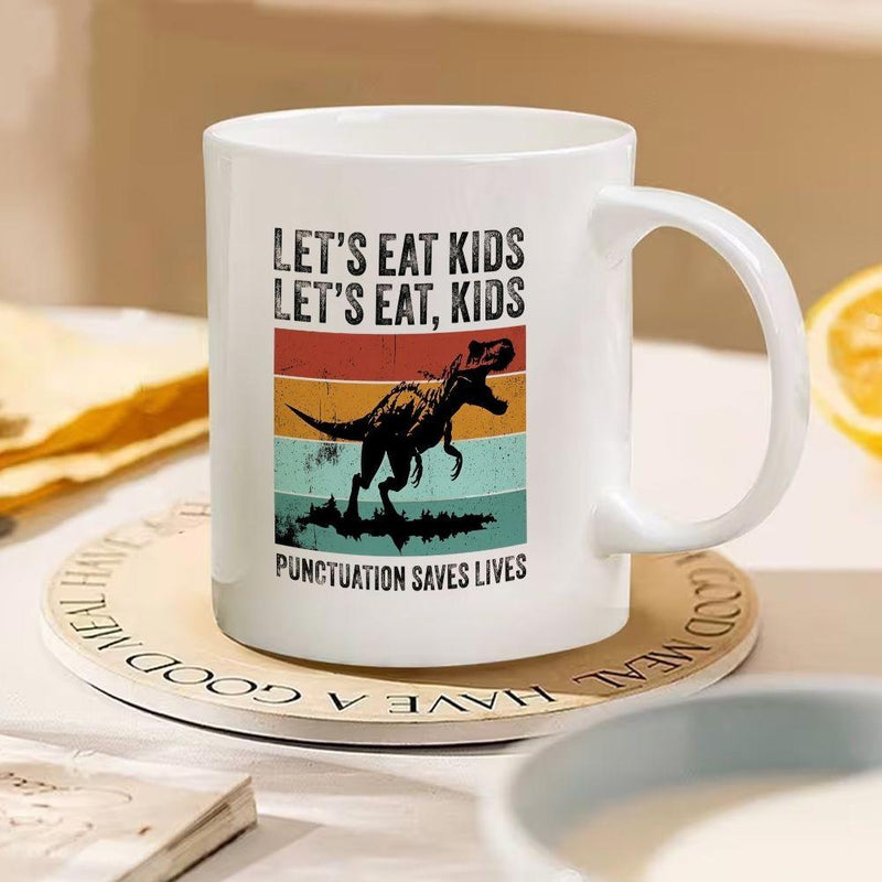 Tailorly White Ceramic 11 oz Mug - Lets Eat Kids Lets Eat Kids Punctuation Saves Lives Retro Vintage Sunset Stripes With Roaring Prehistoric Silhouette Dinosaur
