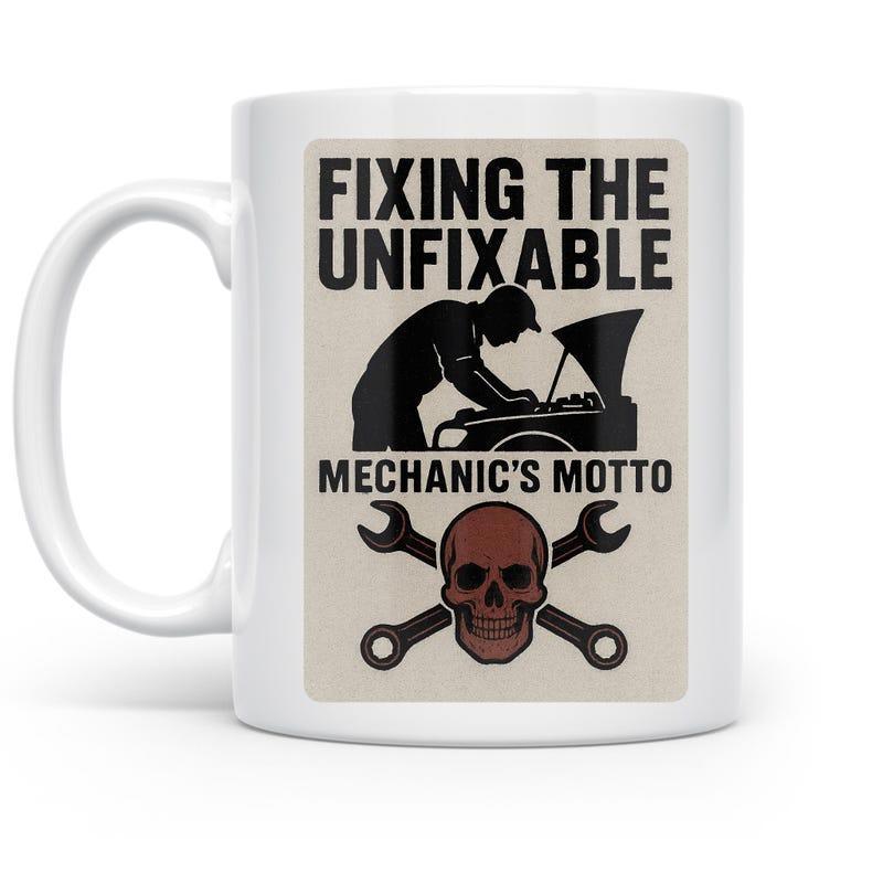 Tailorly White Ceramic 11 oz Mug - Fixing The Unfixable Mechanics Motto Silhouette Of A Skilled Professional Working Under A Car Hood Mechanic