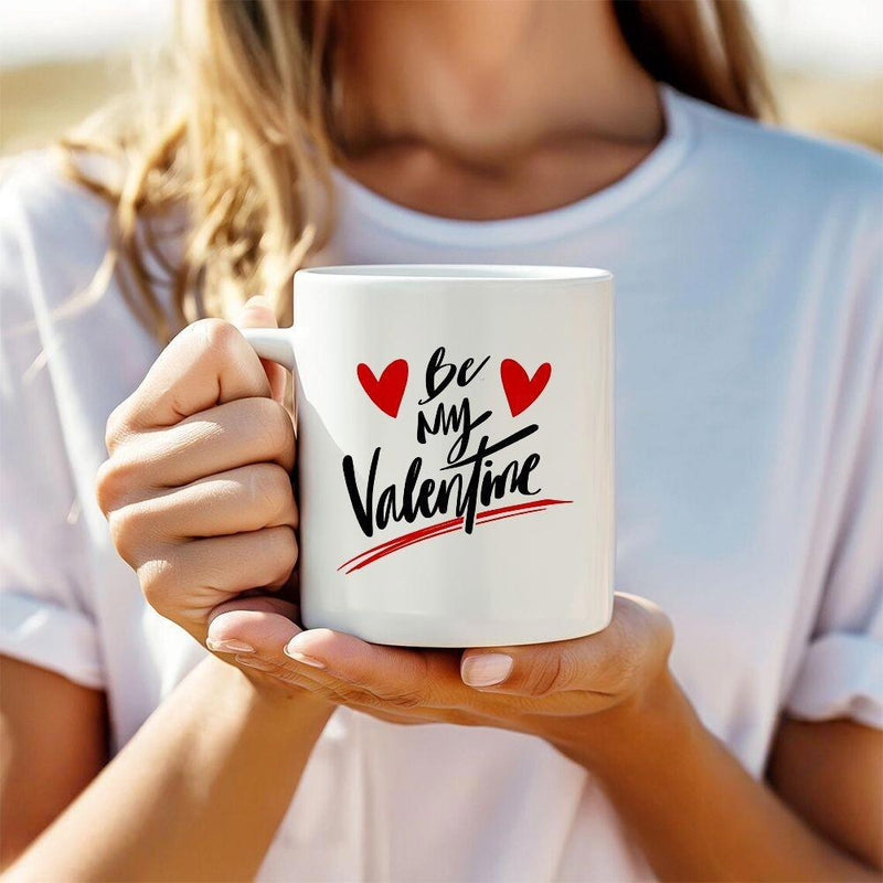 Tailorly White Ceramic 11 oz Mug - Be My Valentine Elegant Script Text Between Two Small Vibrant Red Decorative Hearts Heart
