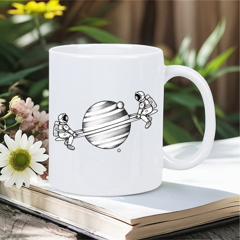 Tailorly White Ceramic 11 oz Mug - Whimsical Space Scene Featuring Tiny Explorers On A Saturn Planet See Saw Astronaut