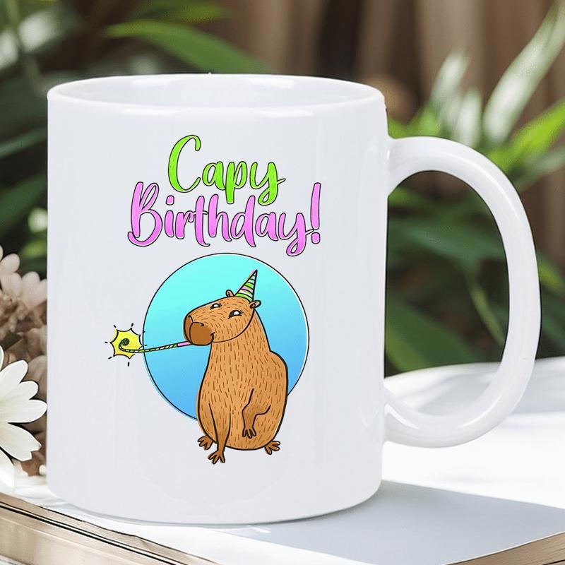 Tailorly White Ceramic 11 oz Mug - Capy Birthday Adorable Cartoon Capybara Wearing Party Hat And Blowing Festive Horn Capybara