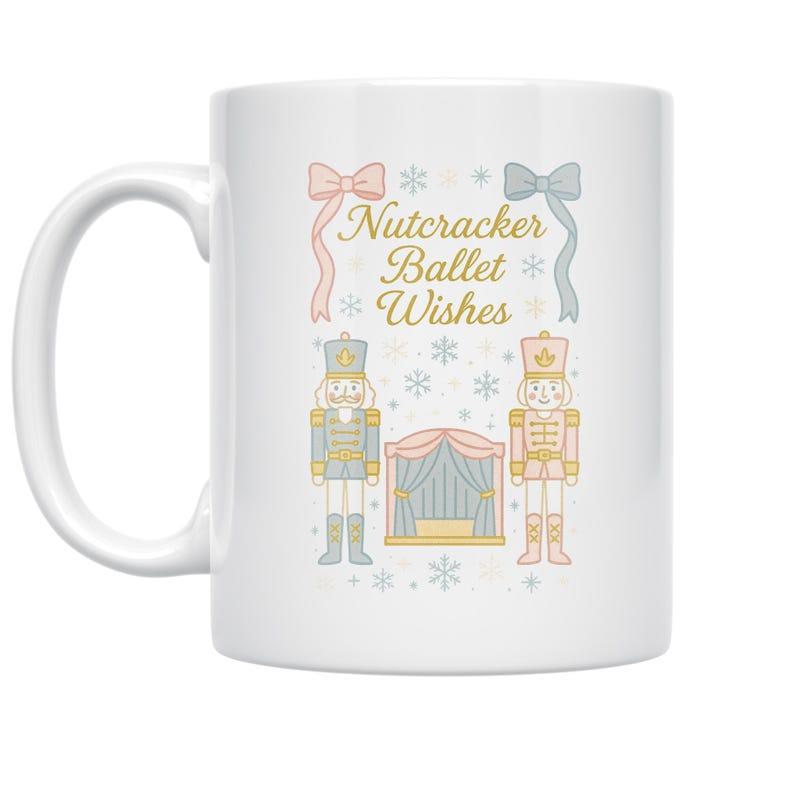Tailorly White Ceramic 11 oz Mug - Nutcracker Ballet Wishes Festive Pastel Nutcrackers With Ribbons And Snowflakes Among Stage Mug