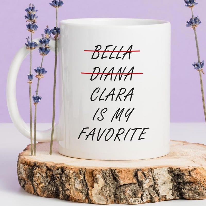 Tailorly White Ceramic 11 oz Mug - Bella Diana Clara Is My Favorite Clean Minimalist Ceramic Vessel Placed On Rustic Wood Base Mug