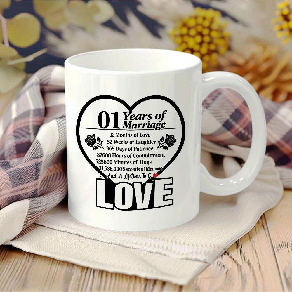 Tailorly White Ceramic 11 oz Mug - Years Of Marriage Love Elegant Heart Outline Featuring Delicate Rose Silhouettes And Decorative Romantic Mug