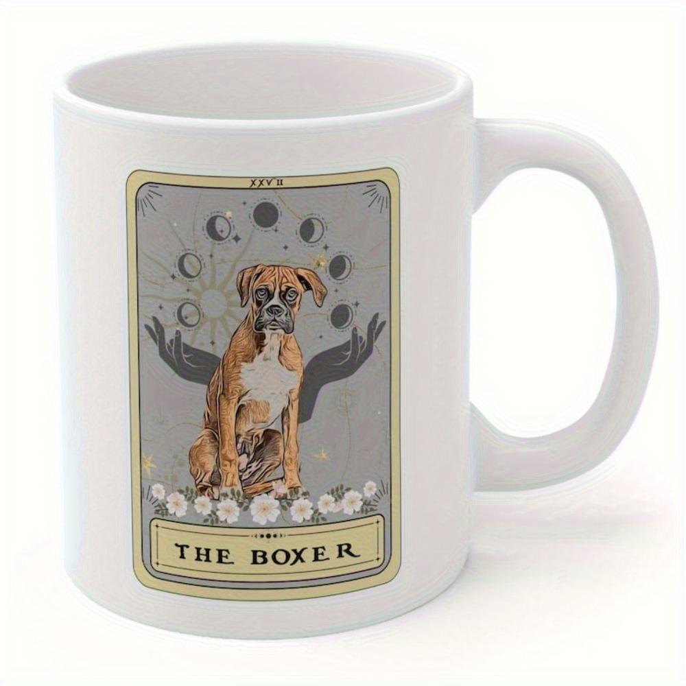 Tailorly White Ceramic 11 oz Mug - The Boxer Vintage Tarot Card Style With Moon Phases Surrounding A Sitting Boxer