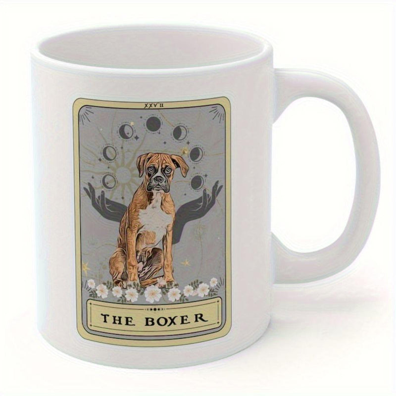 Tailorly White Ceramic 11 oz Mug - The Boxer Vintage Tarot Card Style With Moon Phases Surrounding A Sitting Boxer
