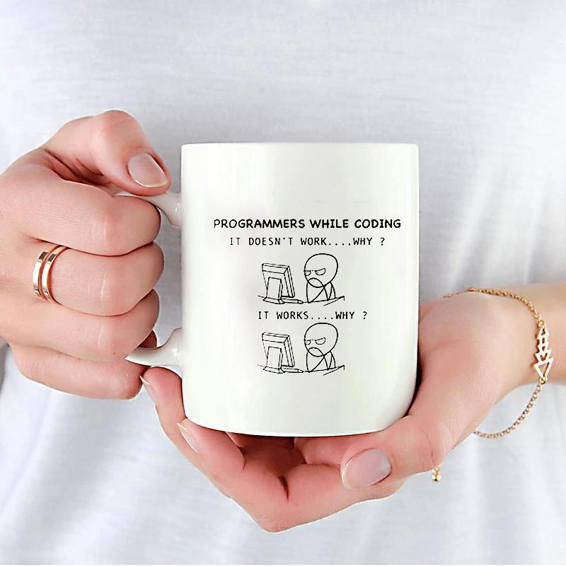 Tailorly White Ceramic 11 oz Mug - Programmers While Coding Minimalist Sketch Of Person Sitting At Computer Desk Programmer