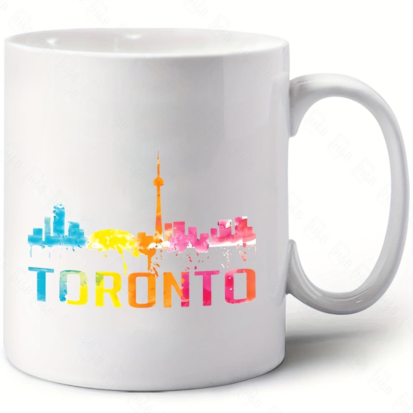 Tailorly White Ceramic 11 oz Mug - Toronto Colorful Watercolor Paint Splatter With Famous Landmarks Representing Skyline