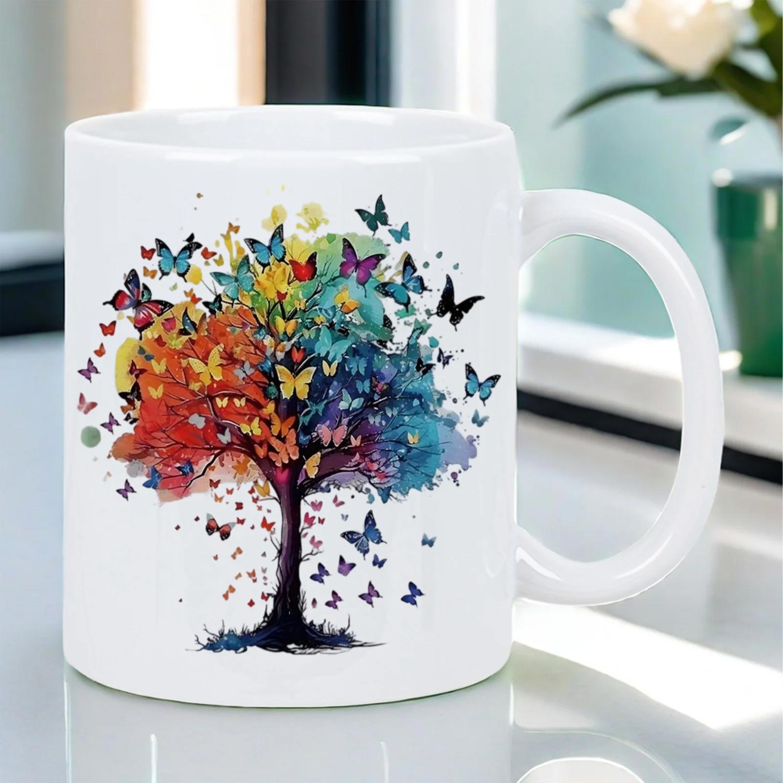 Tailorly White Ceramic 11 oz Mug - Vibrant Colorful Butterflies Forming A Majestic Canopy On A Dark Artistic Tree