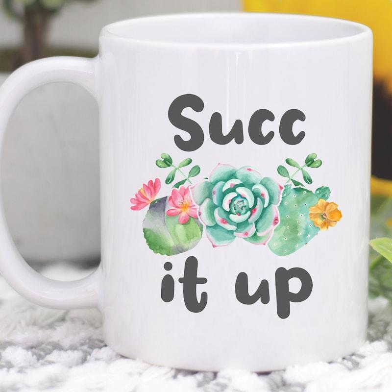 Tailorly White Ceramic 11 oz Mug - Succ It Up Beautiful Hand Painted Watercolor Desert Plants Featuring Blooming Pink Petals Succulent