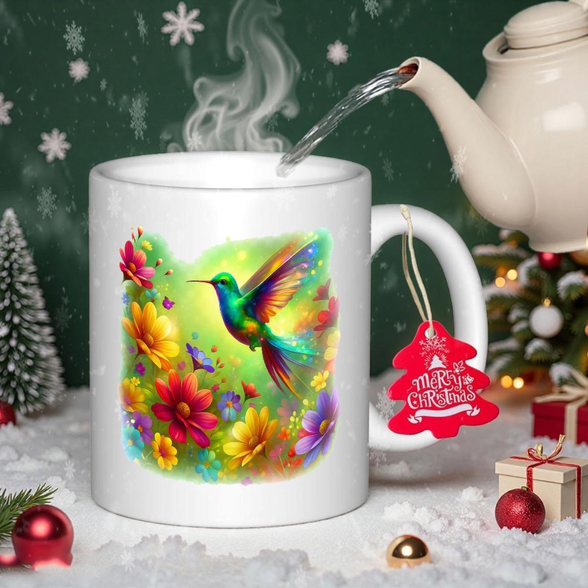 Tailorly White Ceramic 11 oz Mug - Merry Christmas Vibrant Rainbow Wings Hovering Near Bright Blooming Flowers In Garden Hummingbird