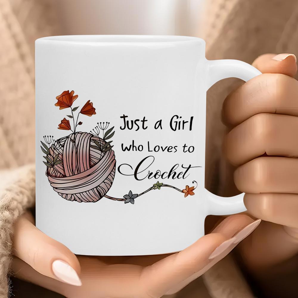 Tailorly White Ceramic 11 oz Mug - Just A Girl Who Loves To Crochet Delicate Skein Featuring Blooming Red Flowers Growing Upward Yarn