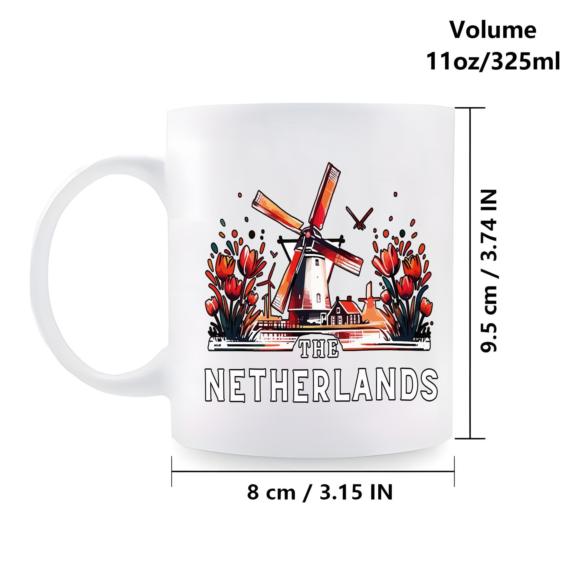 Tailorly White Ceramic 11 oz Mug - The Netherlands Vibrant Red Tulips Blooming Around A Traditional Dutch Scenic Landscape Windmill