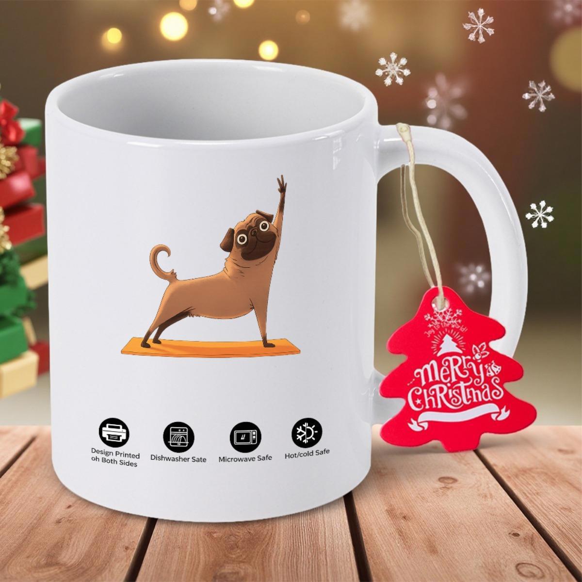 Tailorly White Ceramic 11 oz Mug - Adorable Cartoon Character Performing Stretching Yoga On Orange Mat Pug