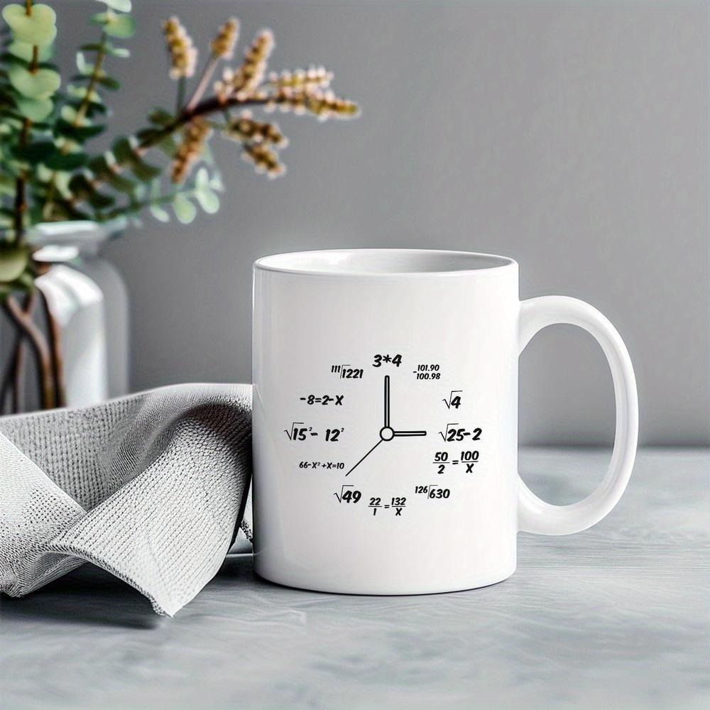Tailorly White Ceramic 11 oz Mug - Minimalist Black Mathematical Equations Arranged In Circular Motion Forming Functional Clock