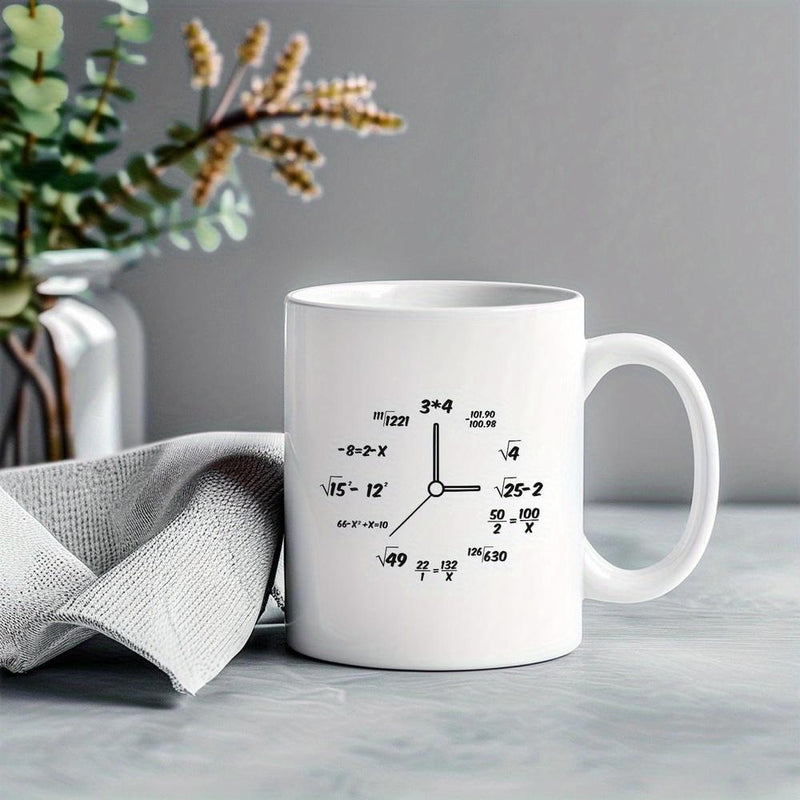 Tailorly White Ceramic 11 oz Mug - Minimalist Black Mathematical Equations Arranged In Circular Motion Forming Functional Clock