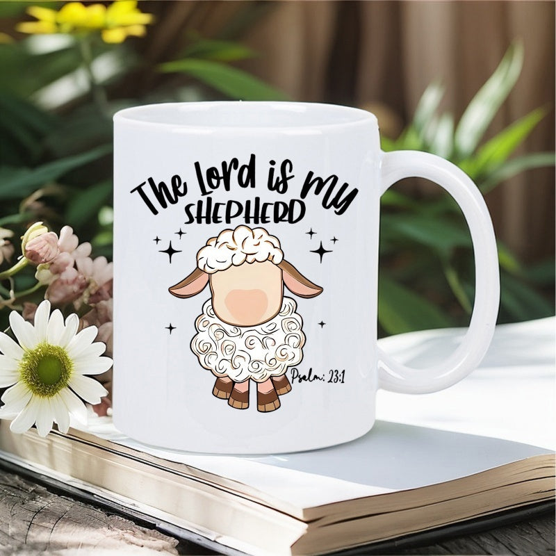 Tailorly White Ceramic 11 oz Mug - The Lord Is My Shepherd Psalm 23 1 Cute Cartoon Fluffy White Wool Among Sparkling Stars Sheep