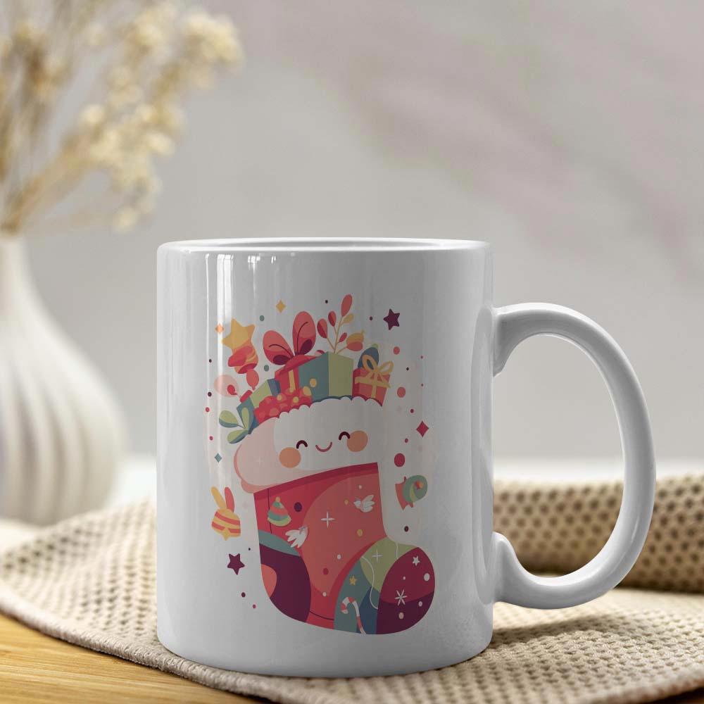 Tailorly White Ceramic 11 oz Mug - Adorable Festive Pattern Filled With Brightly Wrapped Presents And Sweet Candies Stocking