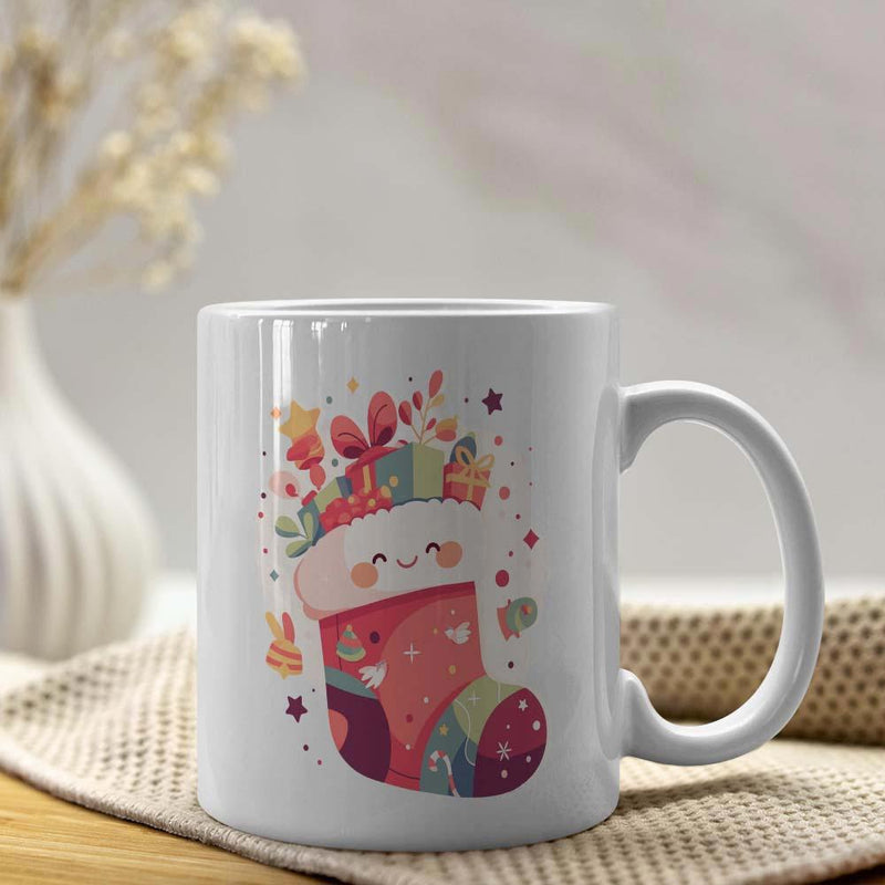 Tailorly White Ceramic 11 oz Mug - Adorable Festive Pattern Filled With Brightly Wrapped Presents And Sweet Candies Stocking