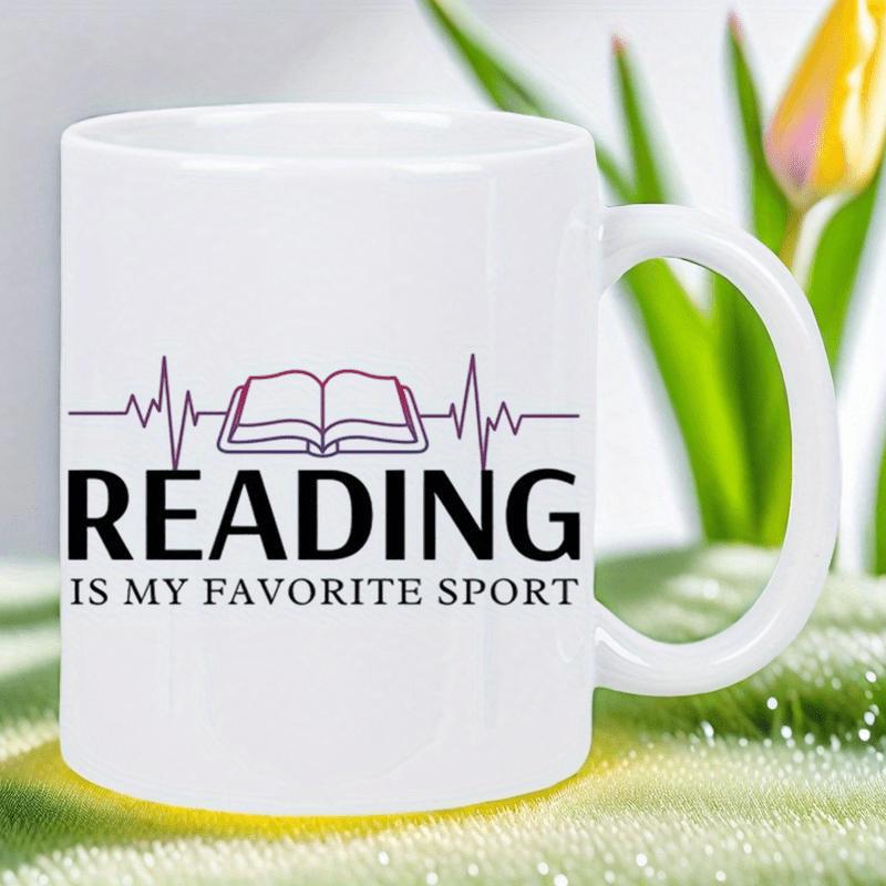 Tailorly White Ceramic 11 oz Mug - Reading Is My Favorite Sport Minimalist Line Art Featuring An Open Heartbeat Pulsing Life Book