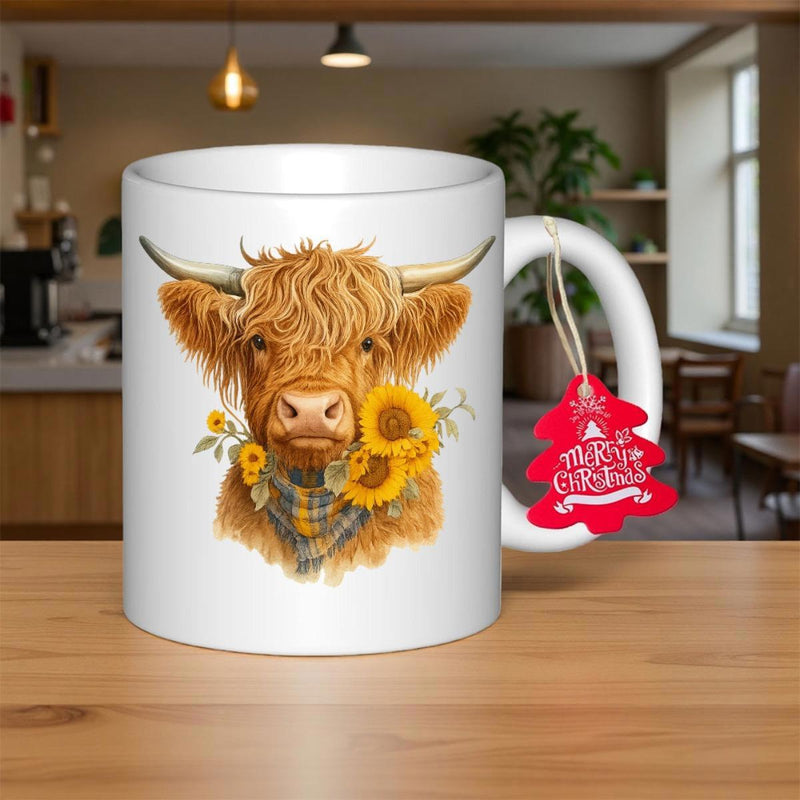 Tailorly White Ceramic 11 oz Mug - Rustic Highland Cow Wearing Plaid Bandana With Vibrant Sunflowers Blooming Cow