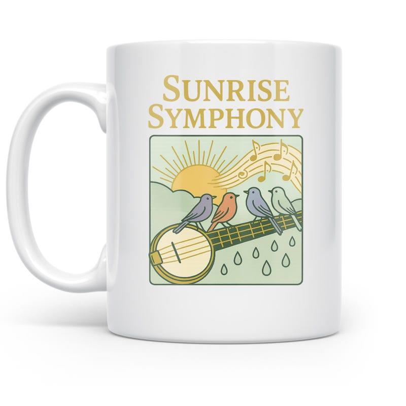 Tailorly White Ceramic 11 oz Mug - Sunrise Symphony Colorful Songbirds Perched On Banjo Strings Under Warm Morning Radiant Sun Birds