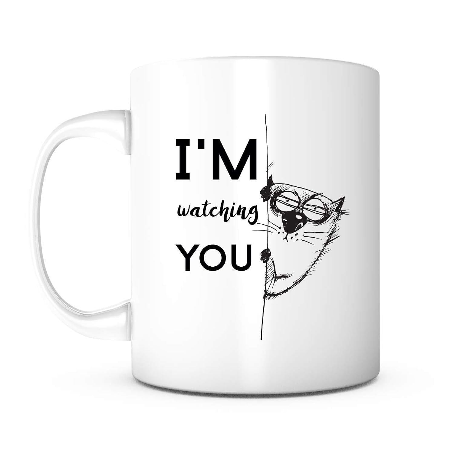 Tailorly White Ceramic 11 oz Mug - Im Watching You Curious Peeking Cat With Glasses Hidden Behind A Vertical Line Sketch Cat