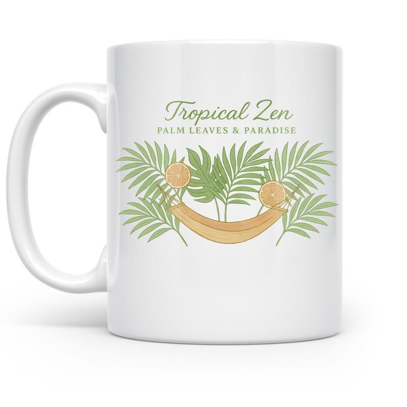Tailorly White Ceramic 11 oz Mug - Tropical Zen Palm Leaves Paradise Lush Green Foliage Surrounding A Peaceful Summer Hammock Palm