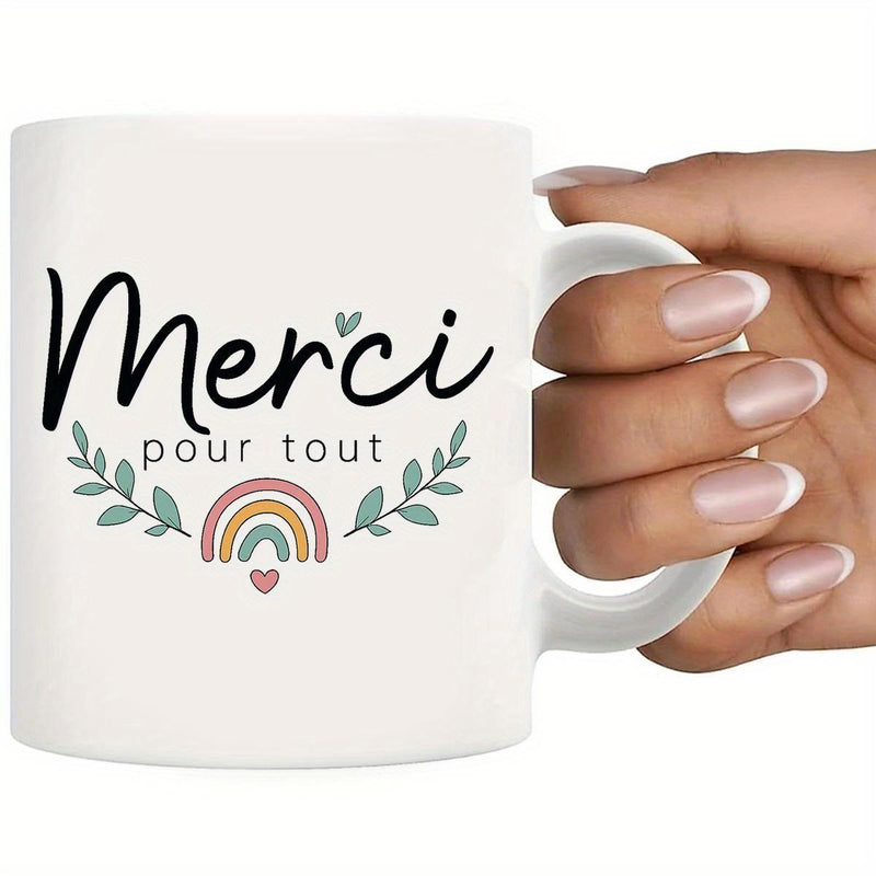 Tailorly White Ceramic 11 oz Mug - Soft Pastel Colored Arc Between Two Symmetrical Green Branch Leaves Rainbow
