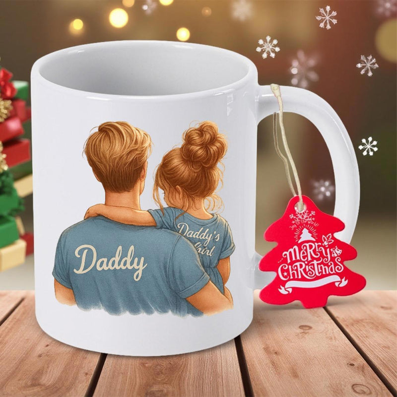 Tailorly White Ceramic 11 oz Mug - Daddy Daddy's Girl Merry Christmas Loving Father Holding His Small Young Girl In A Warm Hug Father Daughter Duo