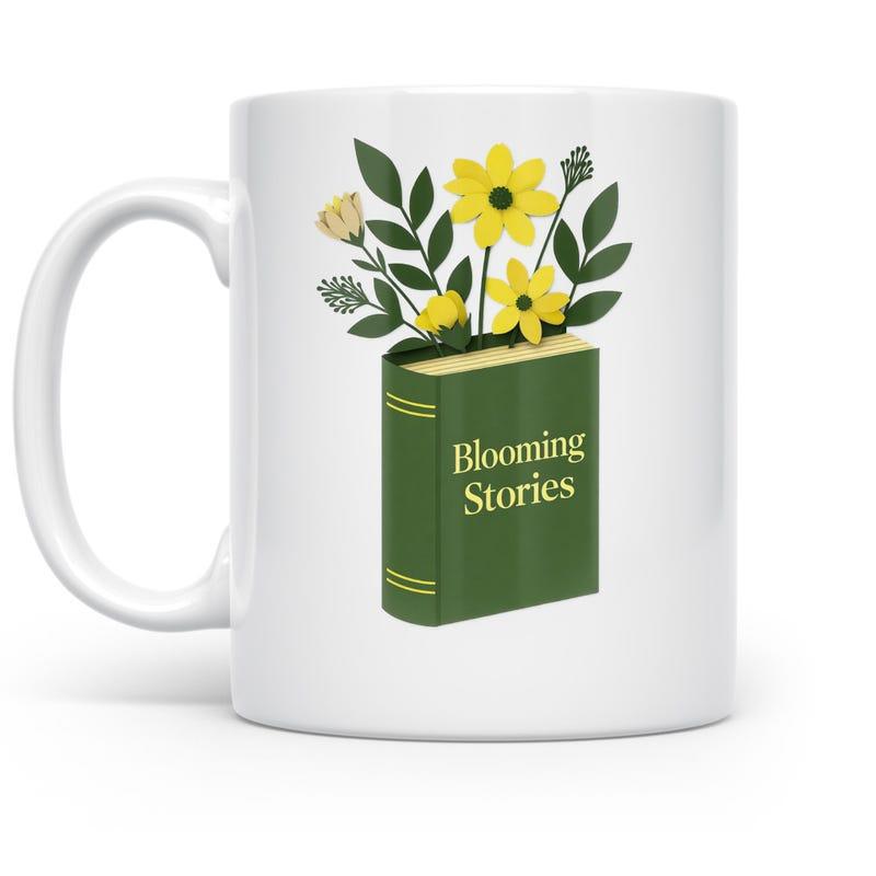 Tailorly White Ceramic 11 oz Mug - Blooming Stories Elegant Green Book With Vibrant Yellow Flowers And Lush Leaves Growing Top Book