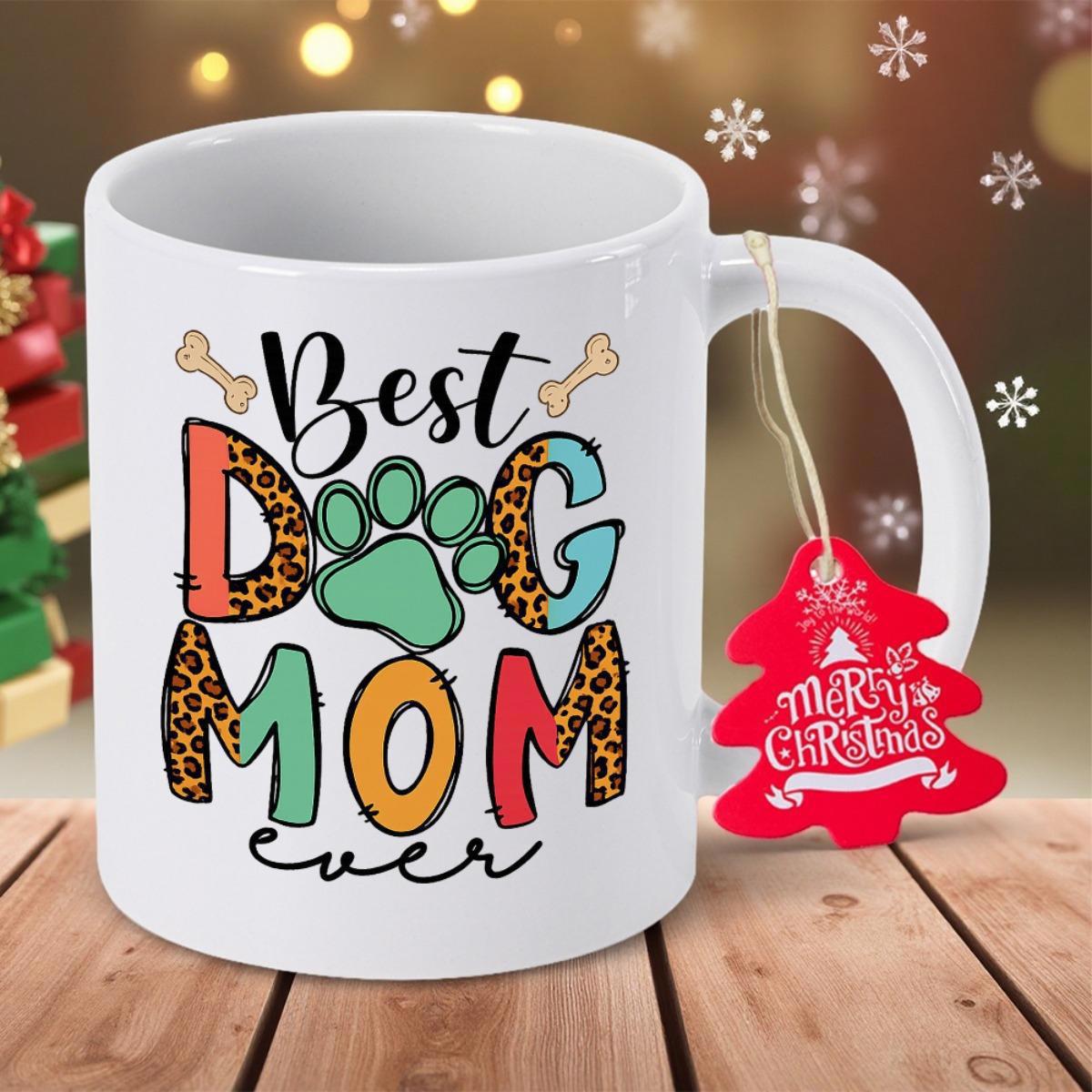 Tailorly White Ceramic 11 oz Mug - Best Dog Mom Ever Colorful Leopard Patterns With Paw Print And Small Bones Mug