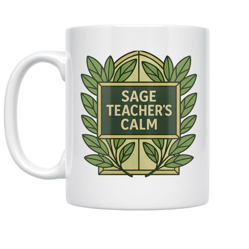 Tailorly White Ceramic 11 oz Mug - Sage Teacher's Calm Elegant Green Laurel Leaves With Symmetrical Golden Arch Framing Mug