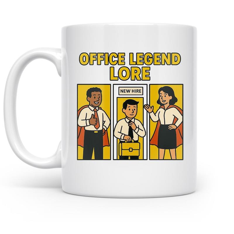 Tailorly White Ceramic 11 oz Mug - Office Legend Lore New Hire Corporate Team Members Wearing Heroic Capes Standing In Bright Yellow Frames Colleagues