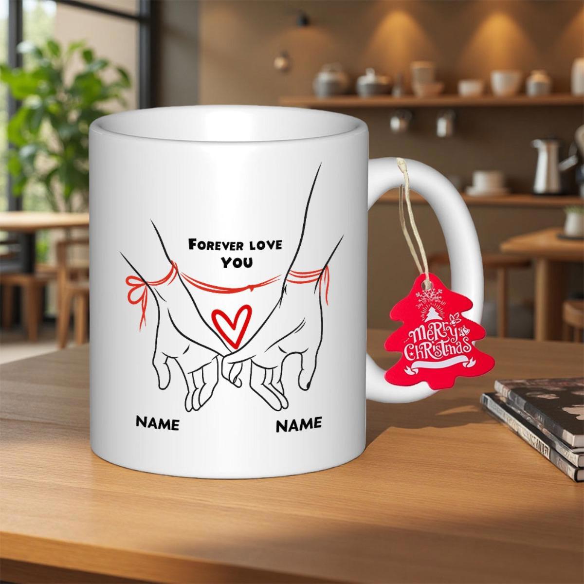 Tailorly White Ceramic 11 oz Mug - Forever Love You Hand Drawn Line Art Of Pinky Promise With Red String Connecting Hands