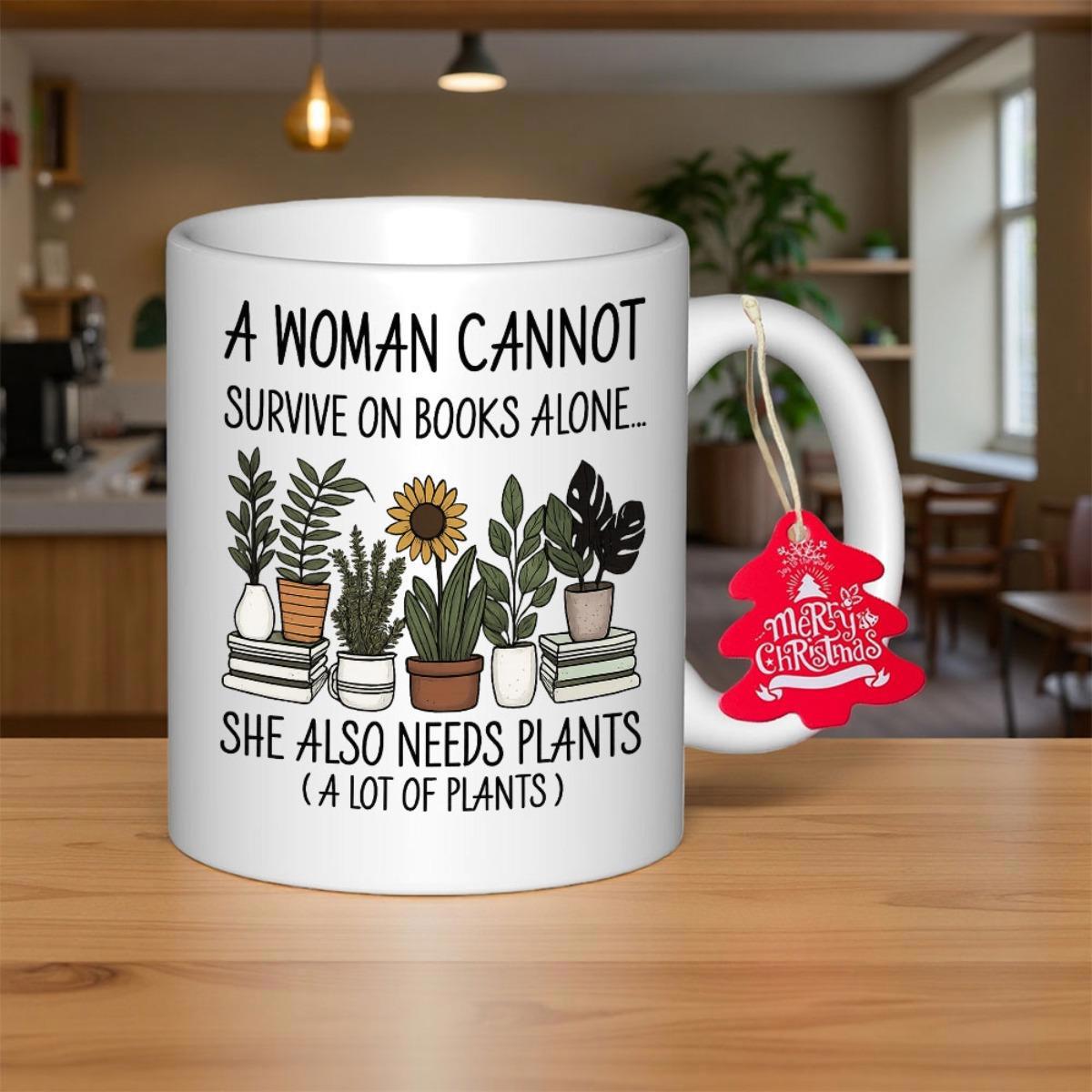 Tailorly White Ceramic 11 oz Mug - A Woman Cannot Survive On Books Alone She Also Needs Plants A Lot Of Plants Hand Drawn Green Potted Foliage Sitting Upon Stacks