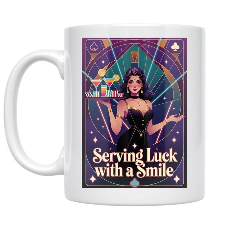 Tailorly White Ceramic 11 oz Mug - Serving Luck With A Smile Elegant Vintage Art Deco Figure Holding Glowing Cocktails Amidst Geometric Midnight Patterns Lady
