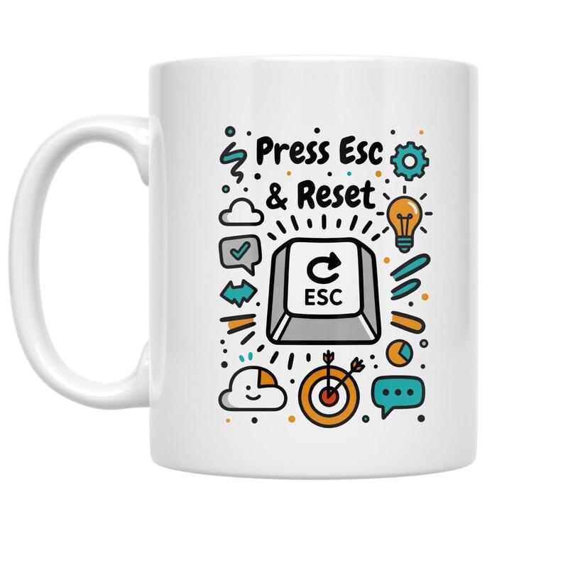 Tailorly White Ceramic 11 oz Mug - Press Esc Reset Minimalist Computer Keyboard Button Surrounded By Playful Creative Icons Button