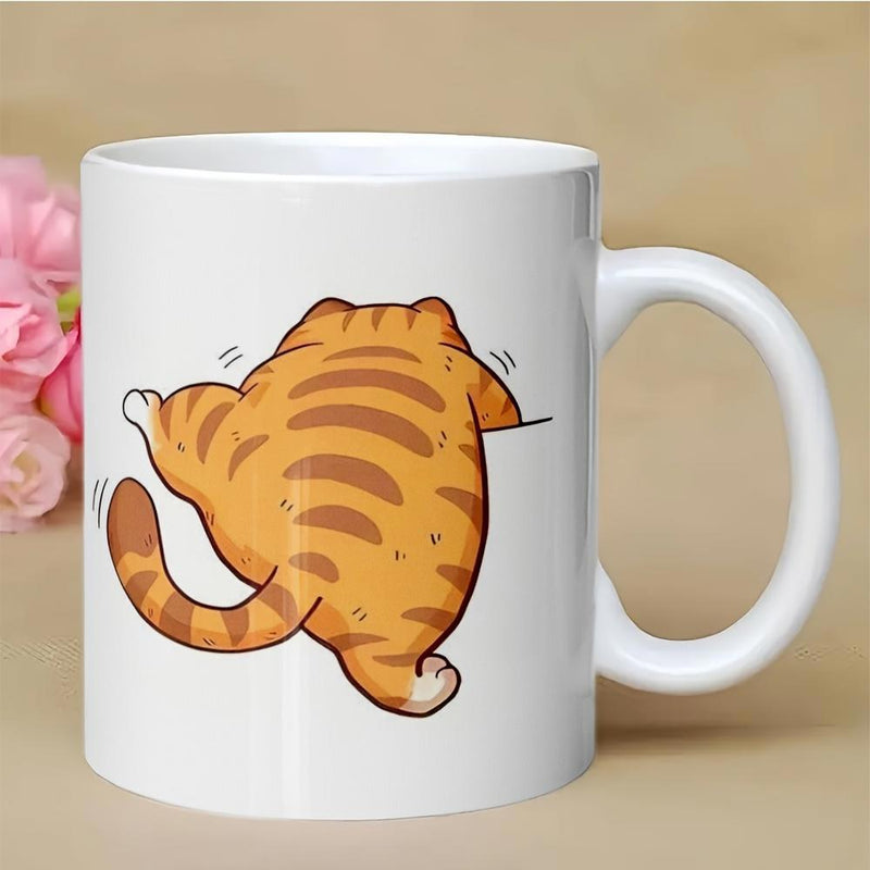 Tailorly White Ceramic 11 oz Mug - Cute Playful Orange Tabby Shaking Tail In A Fun Dancing Pose Cat