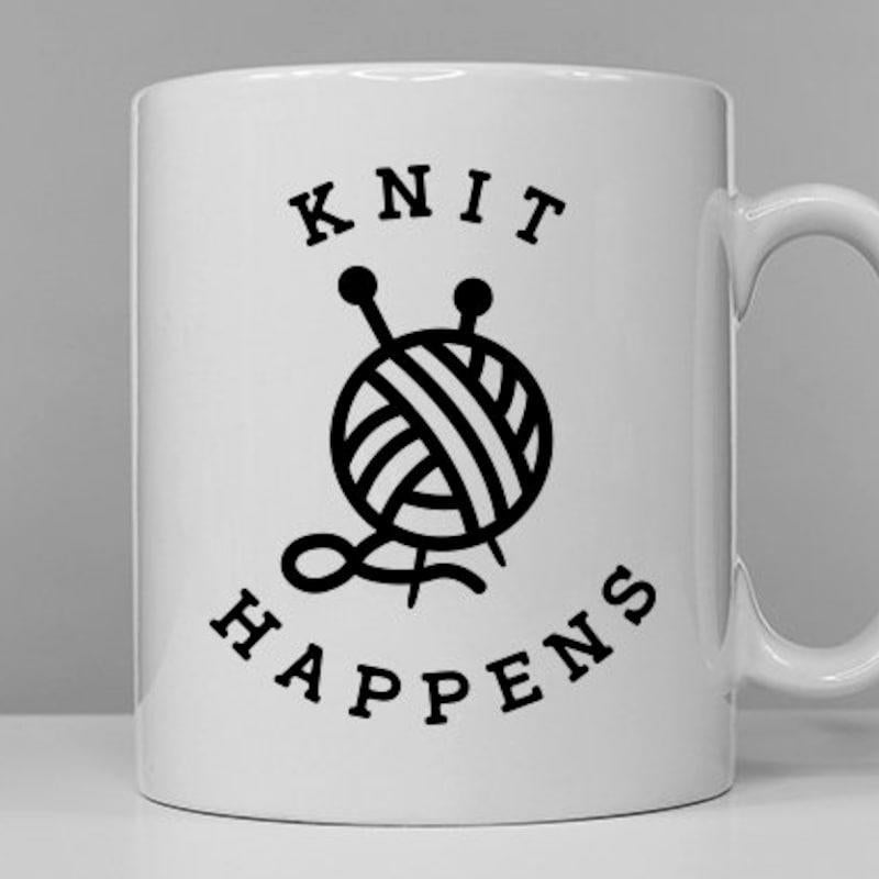 Tailorly White Ceramic 11 oz Mug - Knit Happens Simple Black Line Art Yarn Ball With Crossed Knitting Needles Yarn Ball