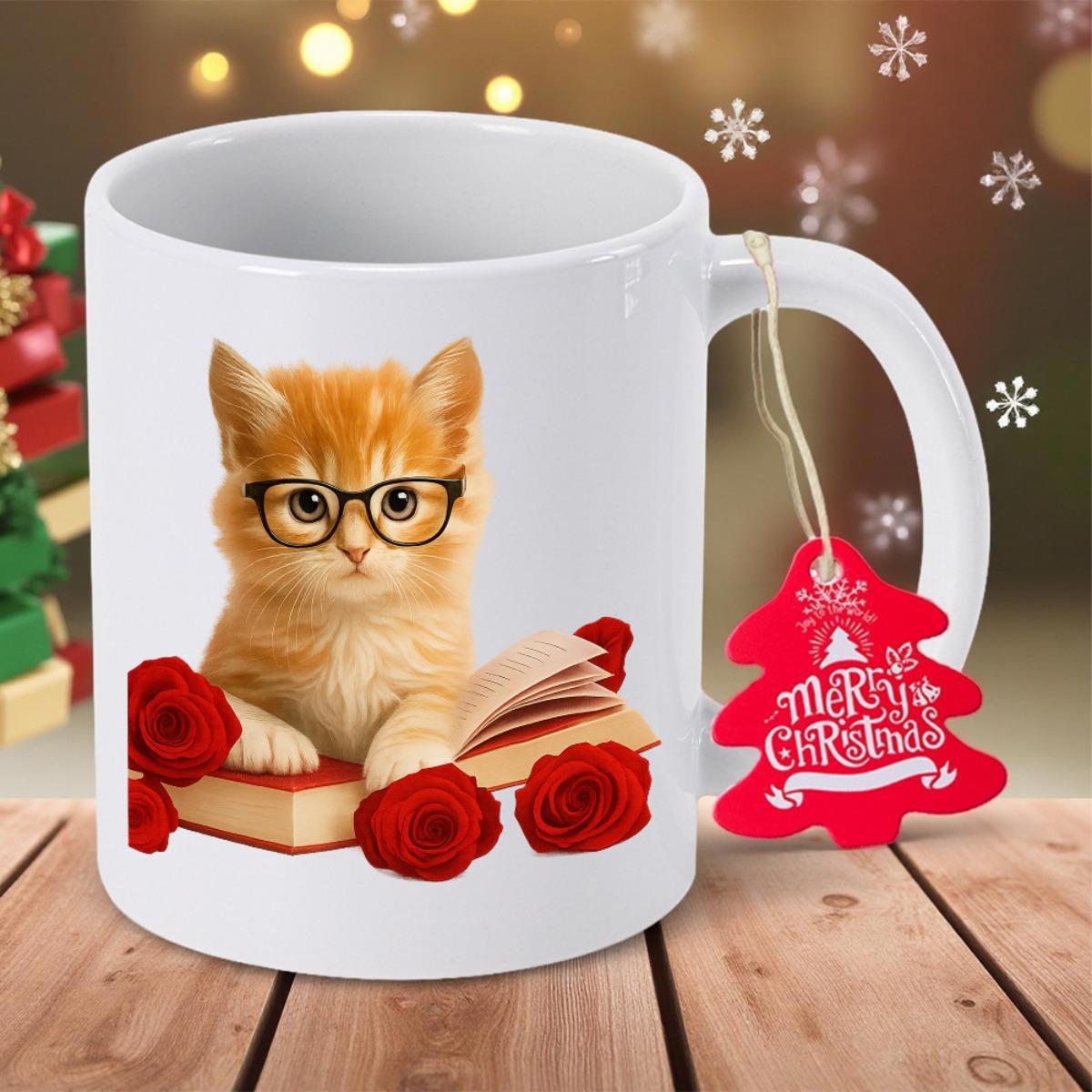 Tailorly White Ceramic 11 oz Mug - Adorable Ginger Kitten Wearing Glasses Reading An Open Book Among Red Roses Cat