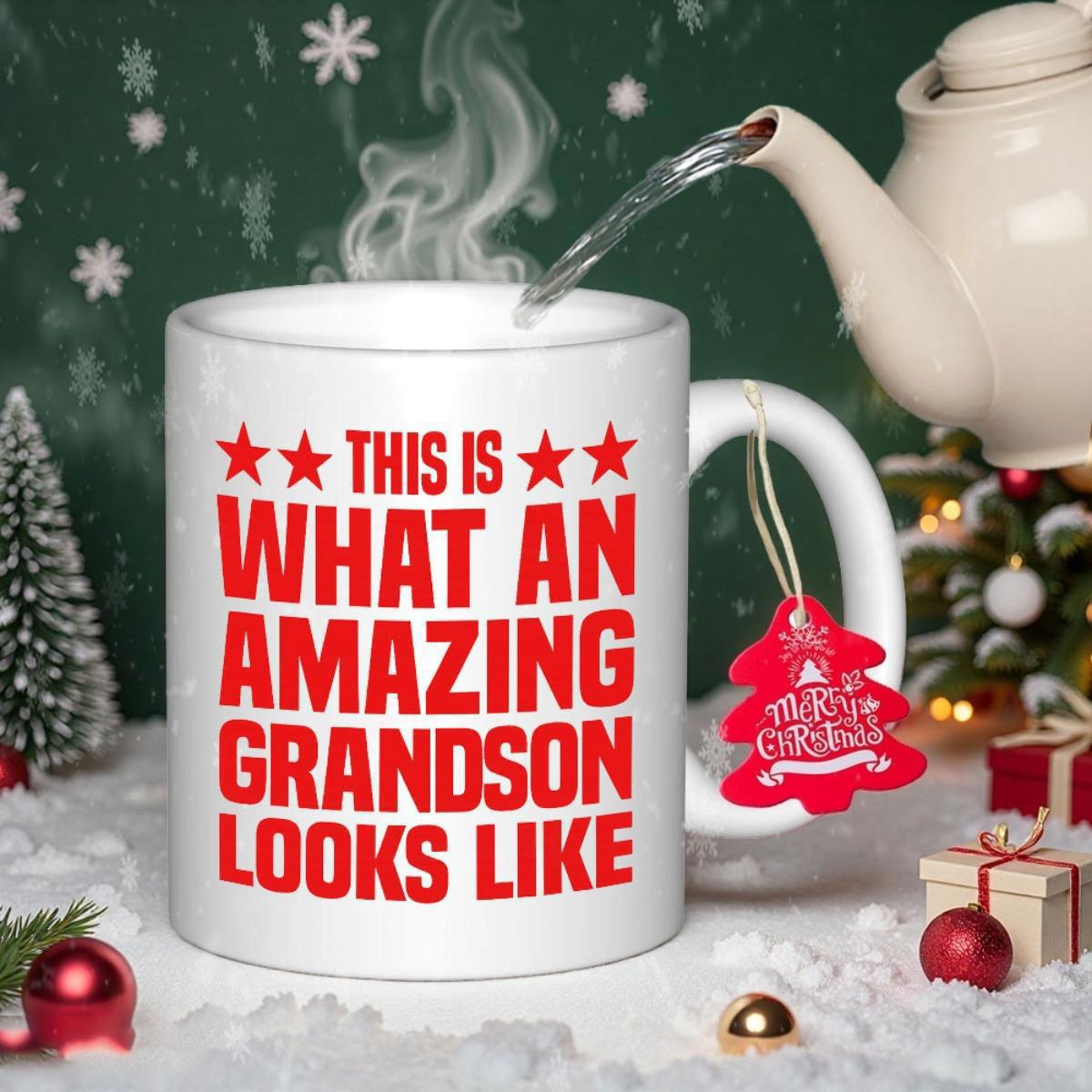 Tailorly White Ceramic 11 oz Mug - This Is What An Amazing Grandson Looks Like Red Stars Beside Steaming Water Pouring Into Ceramic Mug