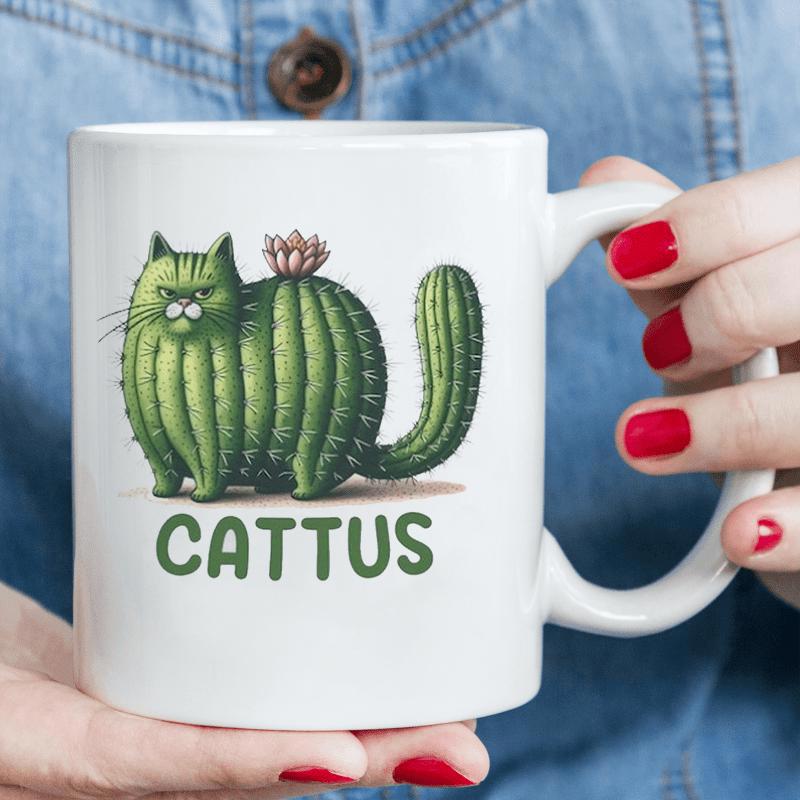 Tailorly White Ceramic 11 oz Mug - Cattus Green Succulent Plant Shaped Like A Grumpy Domestic Feline Cat