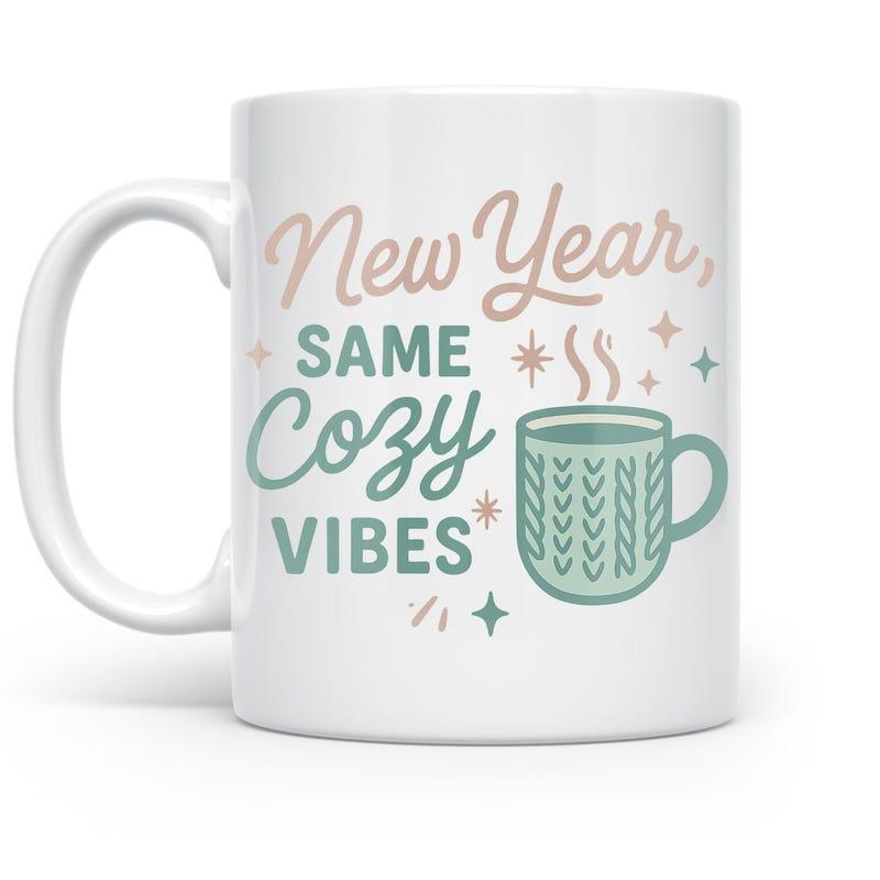 Tailorly White Ceramic 11 oz Mug - New Year Same Cozy Vibes Warm Steaming Cup With Knitted Texture Surrounded By Minimalist Sparkling Stars Mug