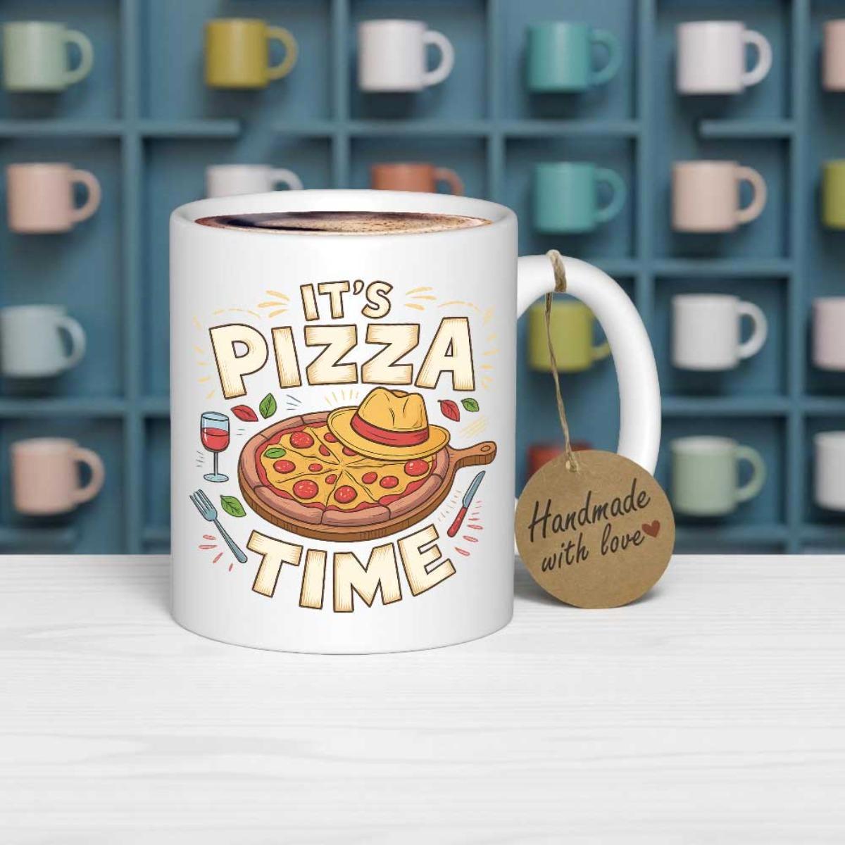 Tailorly White Ceramic 11 oz Mug - Its Pizza Time Delicious Cheese Slices Wearing A Yellow Fedora On A Board Pizza