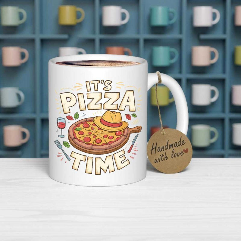 Tailorly White Ceramic 11 oz Mug - Its Pizza Time Delicious Cheese Slices Wearing A Yellow Fedora On A Board Pizza