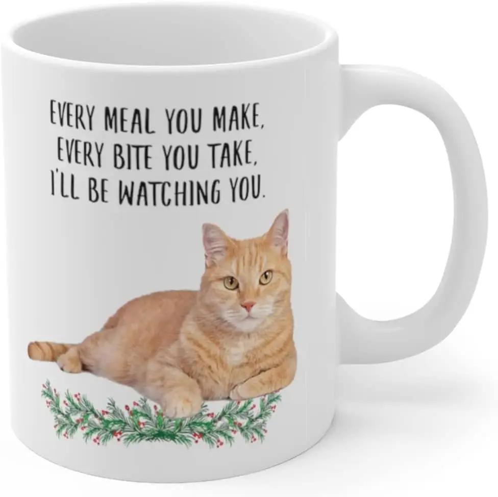 Tailorly White Ceramic 11 oz Mug - Every Meal You Make Every Bite You Take Ill Be Watching You Adorable Ginger Tabby Resting Peacefully Above Green Floral Wreath
