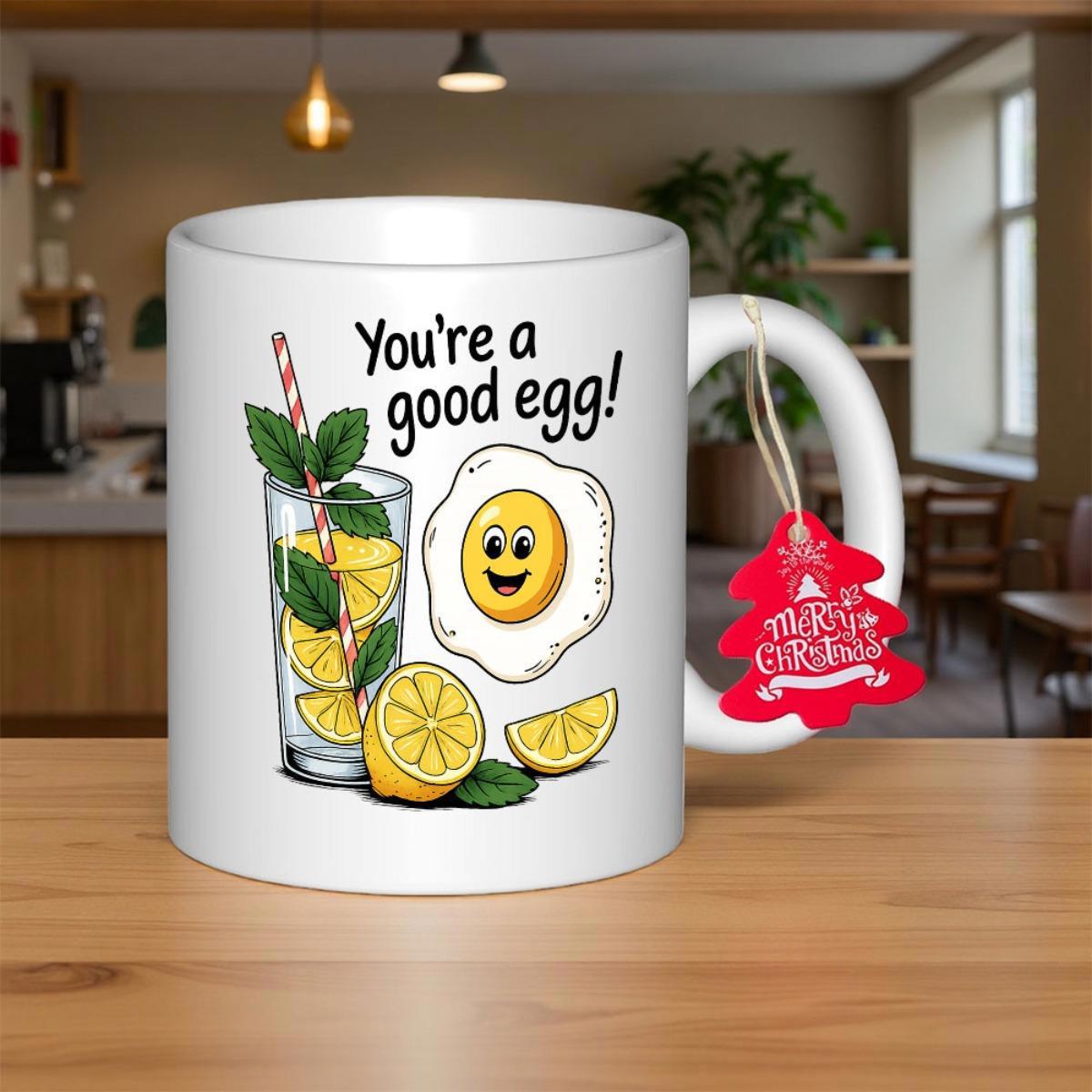 Tailorly White Ceramic 11 oz Mug - You're A Good Egg Refreshing Lemonade Glass With Smiling Cartoon Fried Egg And Mint Leaves Egg