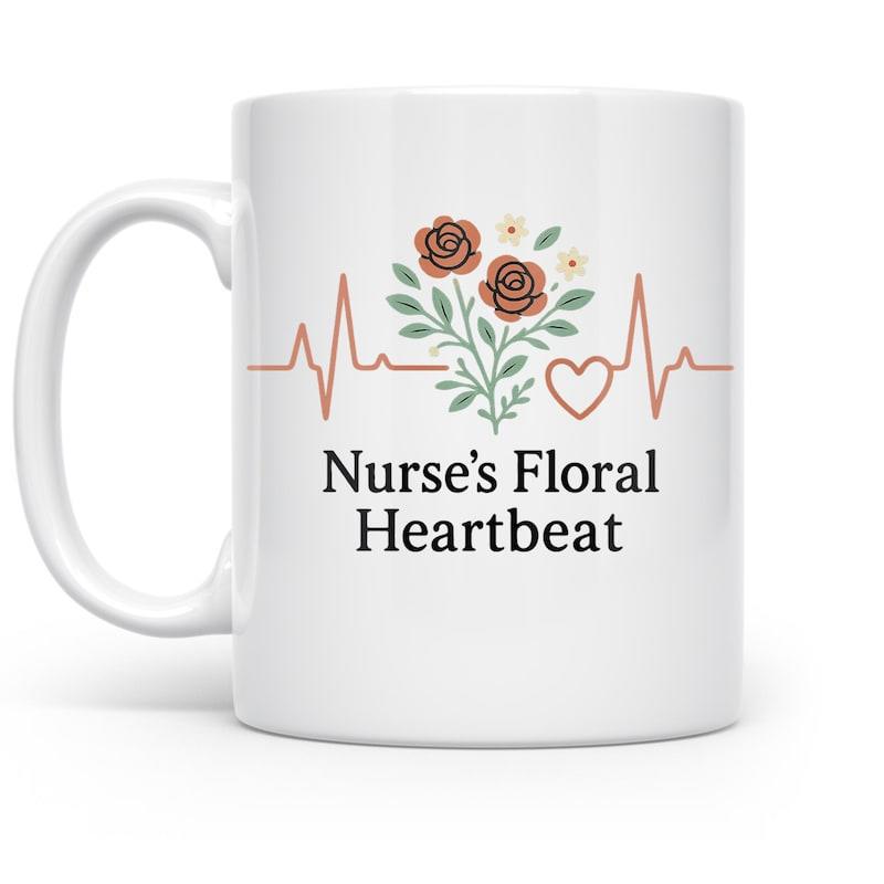 Tailorly White Ceramic 11 oz Mug - Nurses Floral Heartbeat Delicate Blooming Roses With Elegant Heartbeat Lines And Green Leaves Flower